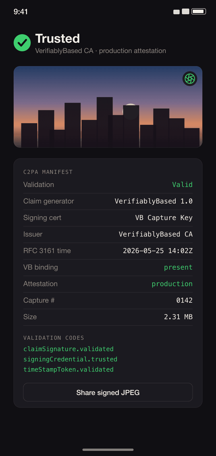 The app's trust-chain screen: a Trusted seal over the C2PA manifest — validation, signing cert, RFC 3161 time, attestation