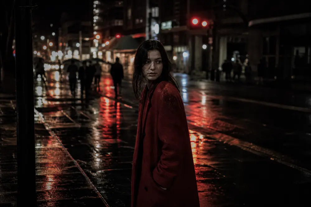 A photorealistic night street scene